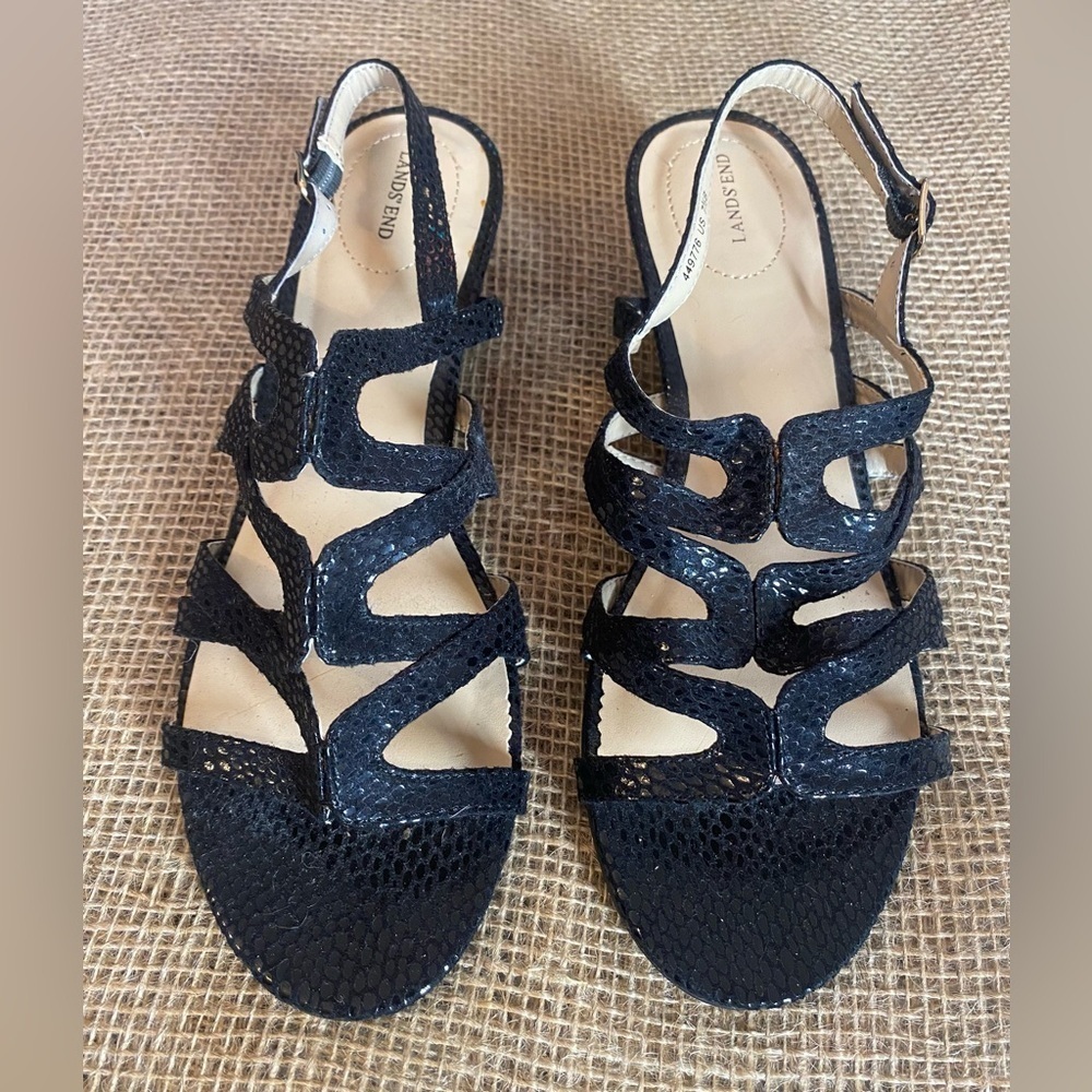 Land’s End Black Sling Back Wedges, Size 7.5, 2” Heel, Snake Skin Leather